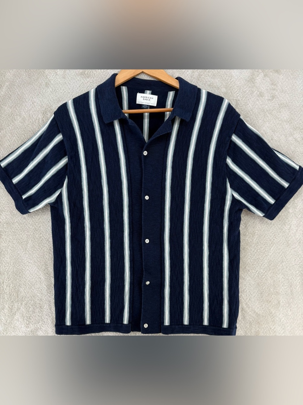 American Eagle Outfitters Navy White Striped Knit Button Front Shirt Men’s Med